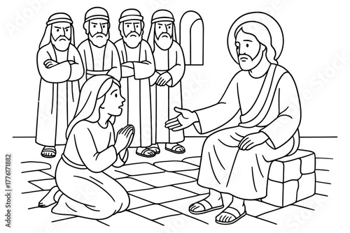 Biblical scene in outline style of jesus with disciples and woman seeking help
