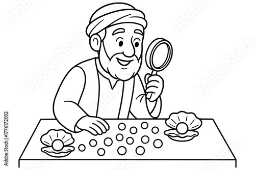 Smiling merchant inspecting pearls at market table in linear style
