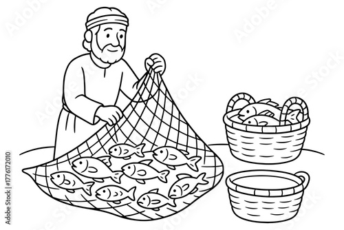 Biblical fisherman with fish net in black and white line art