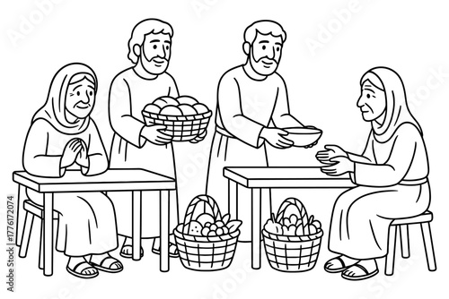 Biblical scene of sharing food in simple line art style