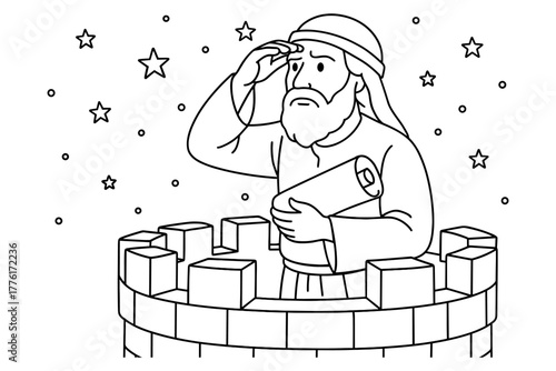 Medieval astronomer observes stars from castle tower at night in arabic attire