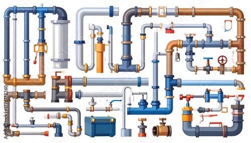 Collection of cartoon pipes with various colors, shapes, and connections, isolated on white