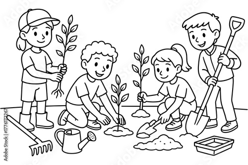 Children engaged in planting activities in black and white line art style