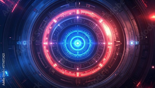 Concentric circles glow neon blue and red, appearing technological and futuristic