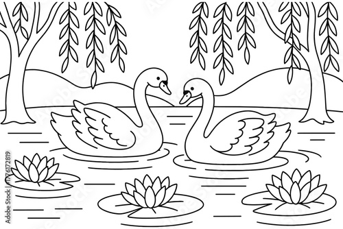Elegant swan pair in tranquil pond with water lilies and willow trees