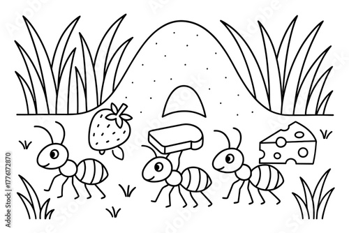 Ants collecting food in black and white nature scene