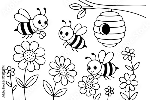 Cute bees and flowers coloring page for kids with honeycomb