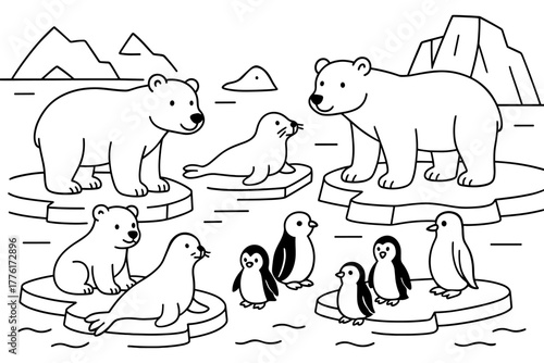 Polar bears and penguins on icebergs in simple black and white line art