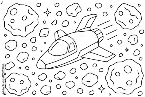 Space adventure coloring page with spaceship and asteroids in black and white for kids