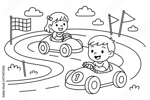 Kids racing in go-karts black and white coloring page for children