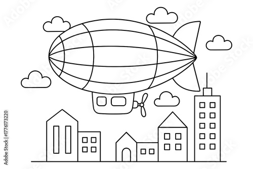 Vintage airship soaring over cityscape in minimalistic outline style