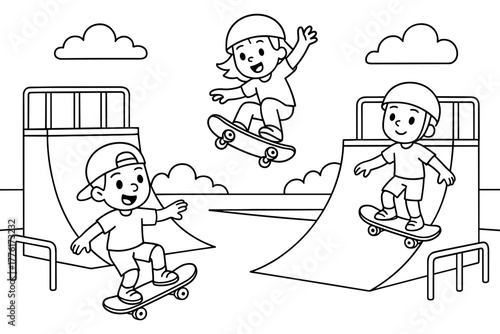 Kids skateboarding adventure in a cartoon style skate park scene