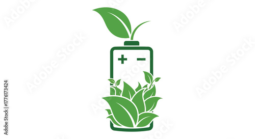 Green energy concept with a battery symbol sprouting leaves and growing plants symbolizing sustainability and renewable power