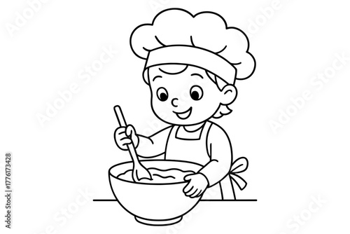 Cute child chef mixing ingredients in bowl - black and white outline
