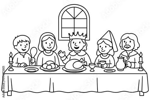 Medieval feast line art: family dinner with royalty and traditional dishes