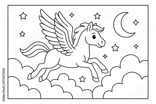 Cute pegasus flying in night sky coloring page