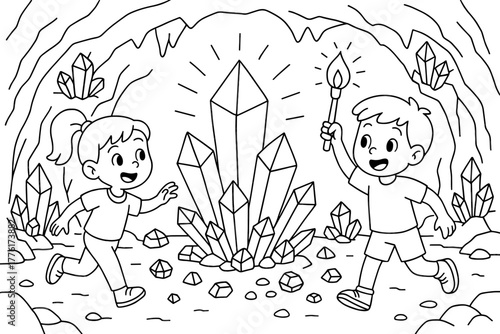 Children discovering a crystal cave with exciting treasures in black and white outline