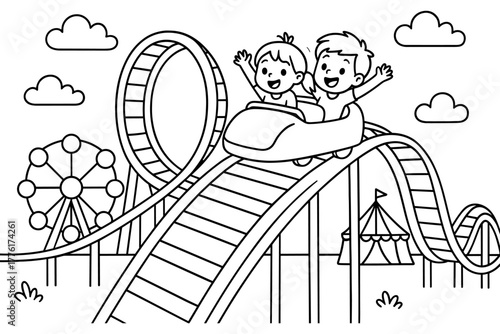 Fun roller coaster ride with kids in amusement park coloring page