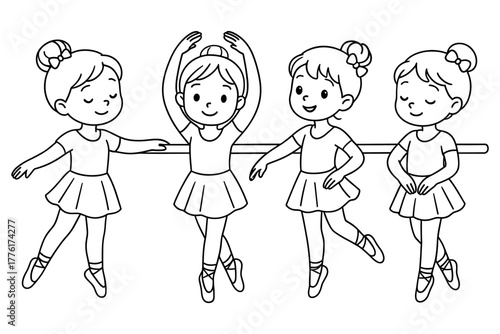 Adorable kids practicing ballet in line art style