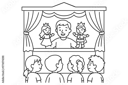 Puppet show fun: engaging kids with puppetry in line art illustration