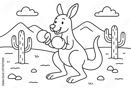 Cartoon kangaroo boxing in desert landscape with cactus and mountains