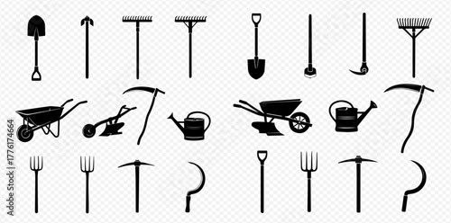 A comprehensive collection of black silhouette icons representing various gardening and farming tools, including shovels, rakes, hoes, and wheelbarrows, on a transparent background.