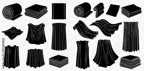 Set of black fabric silhouettes showing various forms of textile, including rolled, folded, and draped cloth on a transparent background.