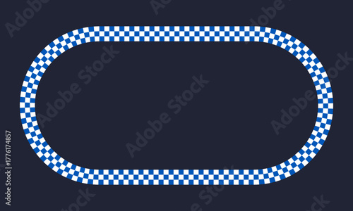 Checkered race track frame. Blue and white oval border for racing