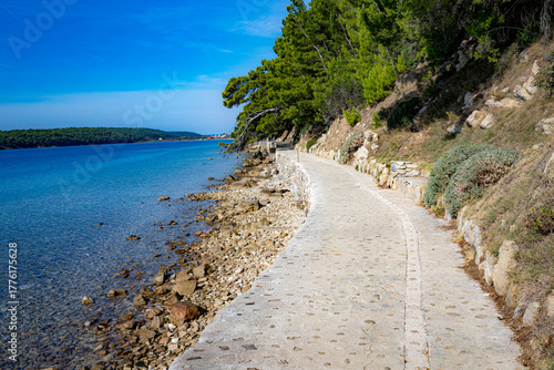 Fototapeta Naklejka Na Ścianę i Meble -  stone steps in a park by the sea, island of Rab, Croatia, Mediterranean, clear, blue sky
