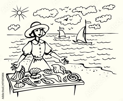 Vector illustration of a girl selling shells.