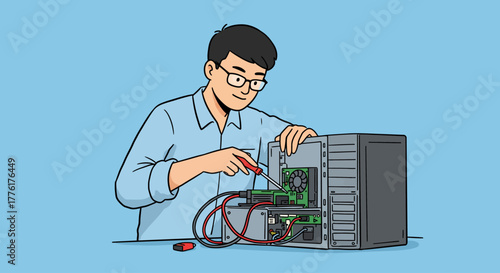 A focused young man in glasses working as a technician, carefully repairing the internal components of a desktop computer with a screwdriver