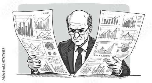 Analyzing Business Data Man Scrutinizing Charts & Graphs for Financial Insights