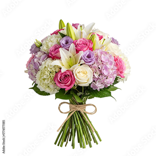 Elegant bouquet arrangement of mixed flowers tied with twine on transparent background