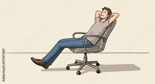 Relaxed man taking a comfortable break, leaning back in his office chair with hands behind his head, enjoying a moment of peaceful contemplation and well-deserved leisure time