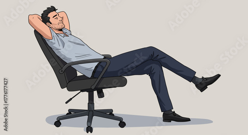 Young man taking a well-deserved relaxed office break, comfortably leaning back in his ergonomic chair with eyes closed, embodying a moment of peaceful rest from work