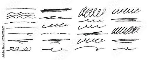Hand-drawn marker line set. Crayon sketch stripes and rough pencil strokes. Textured vector underlines and messy squiggle elements. Grunge-style sketch highlights and freehand divider background colle