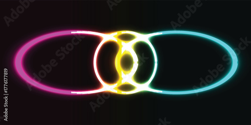 Vibrant neon light trails forming an interconnected elliptical pattern of magenta, yellow, and cyan against a dark backdrop.