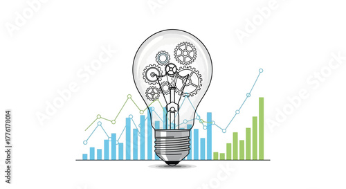 Innovative lightbulb with intricate gears and rising bar graphs symbolizes business growth, strategy, and bright ideas for success.