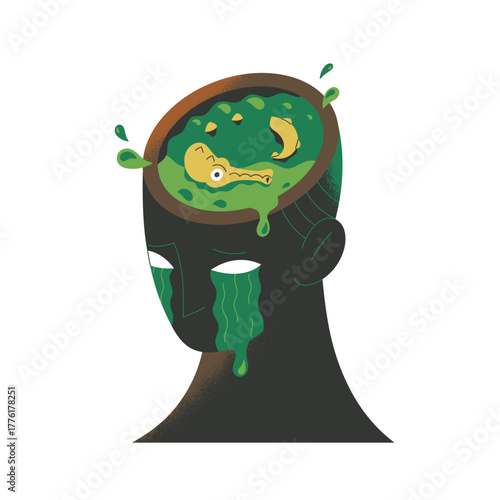Concept of mental disorder. Problems of psychological health and mind. Anxiety, depression and stress. Abstract crying head with bad thoughts. Flat isolated vector illustration on white background