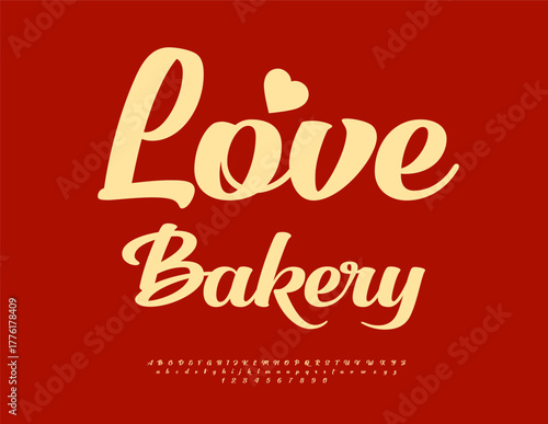 Vector Beautiful logo Love Bake with decorative Hear. Beautiful style Alphabet Letters ad Numbers set. Chic cursive Font