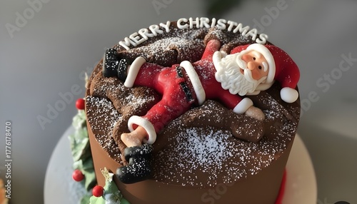 The cake features a fondant Santa Claus resting on top, covered in powdered sugar to simulate snow