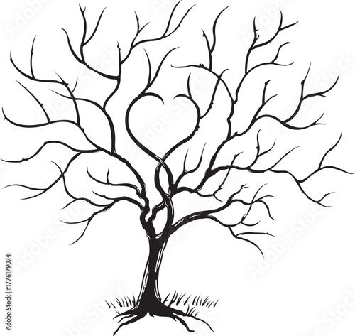 Wedding Guestbook Fingerprint Tree Vector Illustration with Heart Branches for Guests Signatures