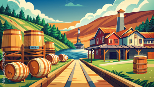 Very beautiful view of Jim Beam Distillery in Clermont, Kentucky, USA, featuring several wooden bourbon barrels on a track surrounded by rustic industrial architecture and green hills.