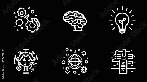 AI, Technology, & Innovation Icons Set. Abstract Line Art for Artificial Intelligence, Engineering, Global Network, Idea, Digital Concepts.