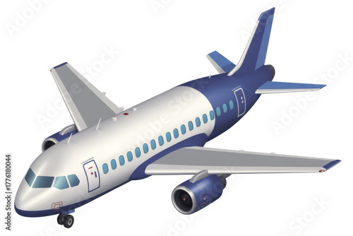 A stylized white and blue passenger jet airplane with two engines, depicted against a solid transparent background, ready for flight. background removed