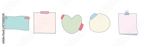 Pastel Sticky Note Collection with Heart and Circle Shapes Featuring Tape and Clip Designs