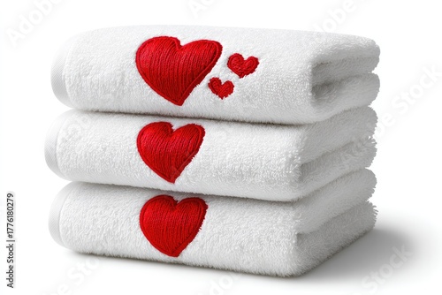 Elegantly embroidered heart design towels set for romantic bathroom decor and valentine's day gift ideas on white background