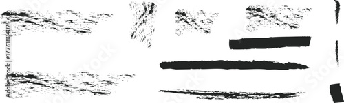 Collection of abstract black ink brush stroke textures and splatters set of diverse black ink brush strokes, splatters, and textured marks on a white background.