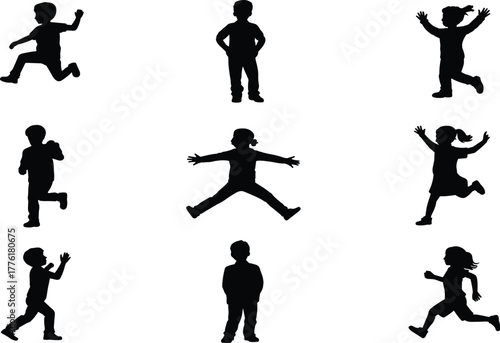 Child silhouette, playful pose, black graphic, vector illustration, running stance, jumping gesture, standing figure, active movement, youth icon, energyChild silhouette, playful pose,