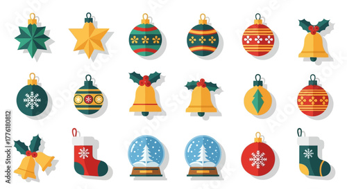 Array of flatdesign Christmas ornaments stars balls bells stockings and snow globes on a white background
